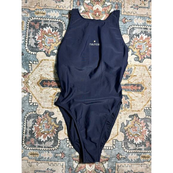 Vintage Nautica One Piece Swim Suit Women's 90s open back beach Navy Blue Sailor - Picture 1 of 8